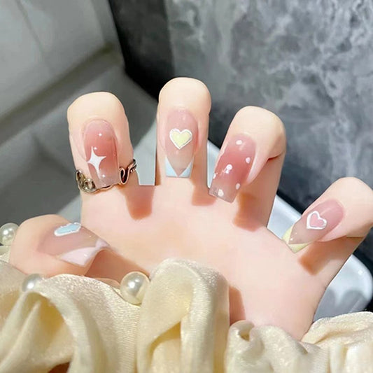 Whimsical Romance Medium Square Press On Nails in Soft Pastel Ombre with Playful Heart Accents