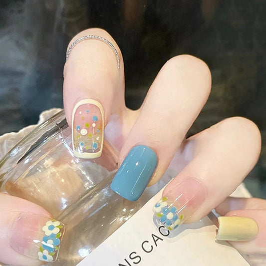 Spring Fling Medium Square Press On Nails in Beige, Blue, and Yellow with Floral and Polka Dot Artwork