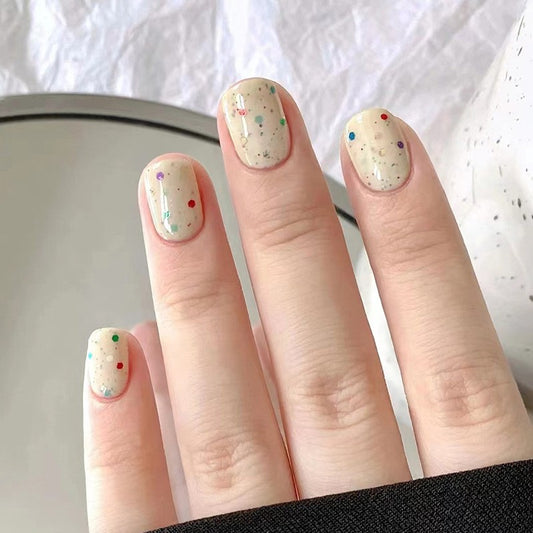 Springtime Celebration Medium Length Squoval Beige Press On Nails with Colorful Confetti Flecks