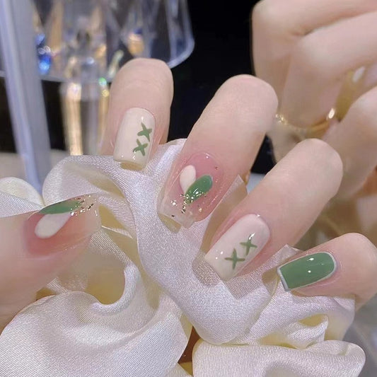 Garden Party Medium Length Coffin Beige and Green Press On Nails with Glitter and Botanical Accents