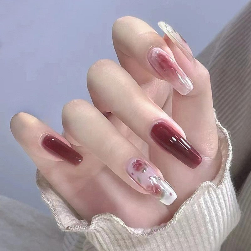 Burgundy Bliss Extra Long Coffin Maroon and Clear Press On Nails with Floral Accent