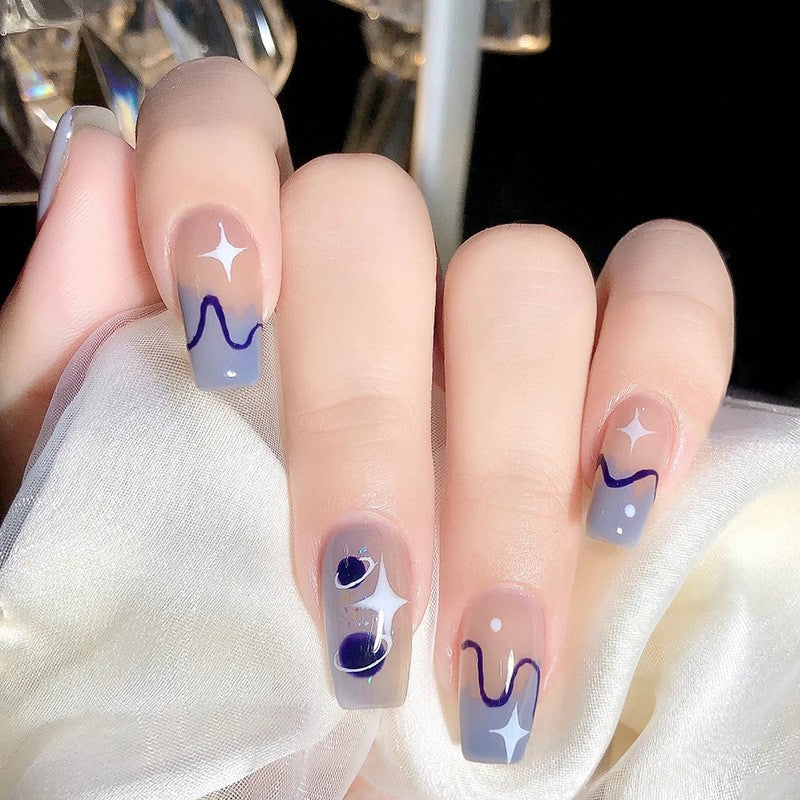 Mystical Night Medium Length Coffin Gradient Blue Press On Nails with Celestial Patterns