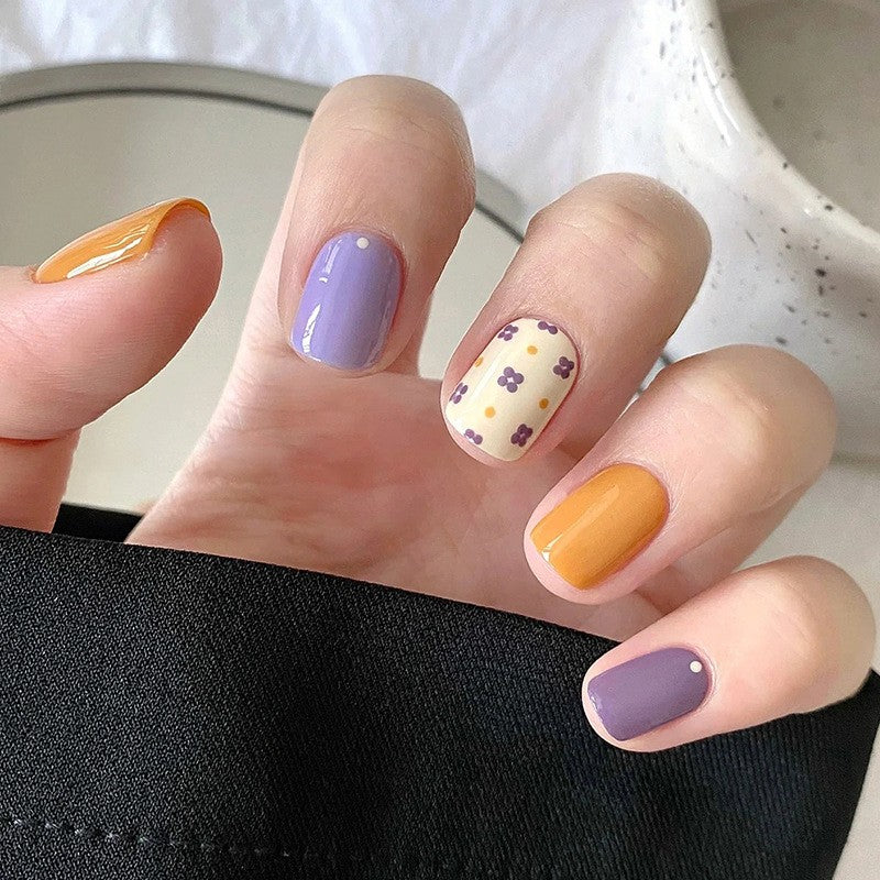 Autumn Harvest Short Squoval Lavender and Mustard Press On Nails with Floral Pattern