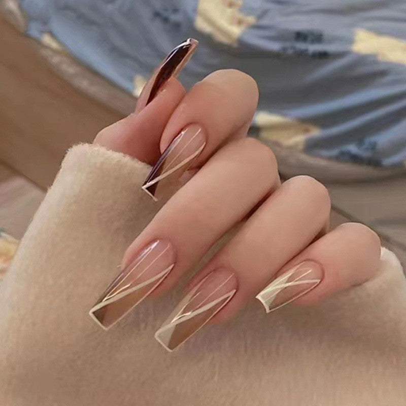 Luxury Rose Gold Long Coffin Press On Nails with Beige Base and Geometric Line Art