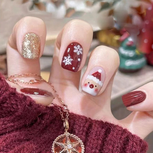 Festive Glitter Medium Square Press On Nails in Deep Red with Snowflake Design and Santa Accent