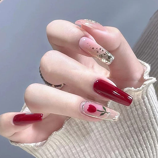 Romantic Rendezvous Long Coffin Press On Nails in Deep Red and Clear with Rose Detail and Gold Glitter Accents