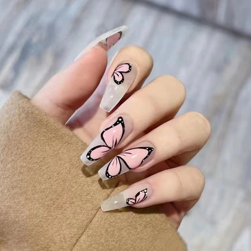 Enchanted Garden Long Coffin Press On Nails in Sheer with Pink Butterfly Accents