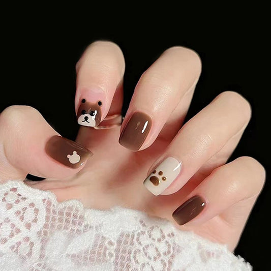 Puppy Love Short Square Press On Nails in Mocha and Cream with Adorable Dog Accents