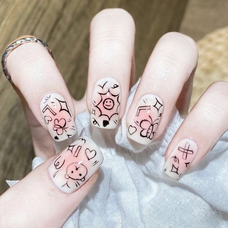 Whimsical Doodles Medium Square Press On Nails in Sheer Pink with Playful Line Art and Floral Accents