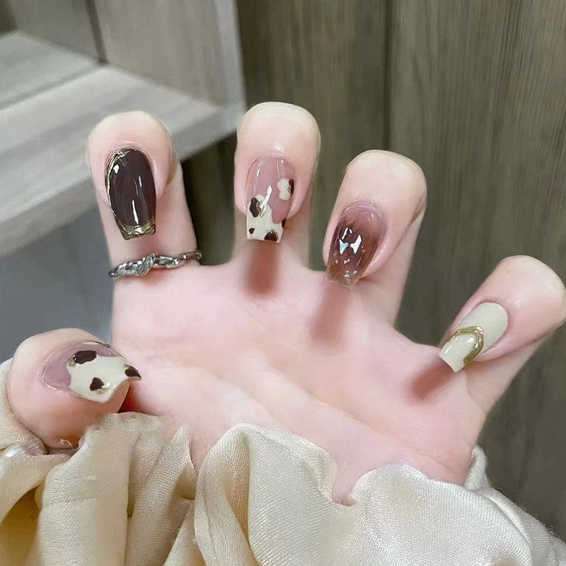 Chic Farmhouse Medium Coffin Mocha and Cream Press-On Nails with Cow Print and Gold Accents