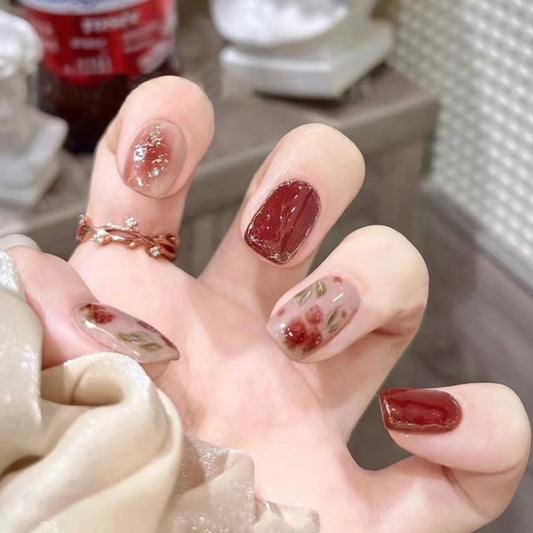 Blooming Romance Medium Square Burgundy Press-On Nails with Floral Design and Glitter Accents