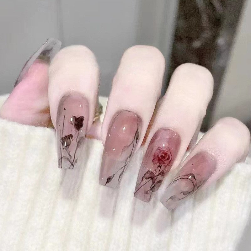 Vintage Rose Long Coffin Blush Pink Press-On Nails with Floral Sketch Accents