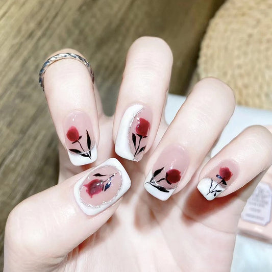 Enchanted Garden Medium Square White Press-On Nails with Hand-Painted Red Floral Design