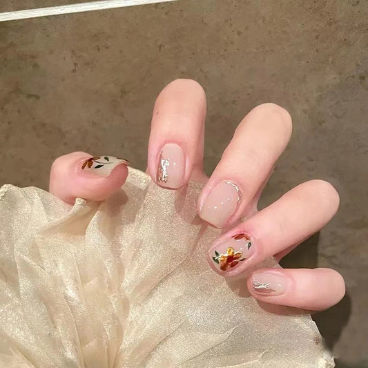 Floral Whisper Short Square Beige Press-On Nails with Delicate Gold Foil Flowers