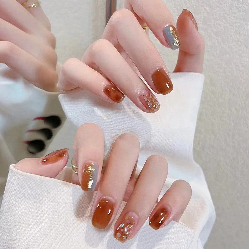 Golden Autumn Medium Squoval Toffee Press-On Nails with Glitter Accents and Floral Design