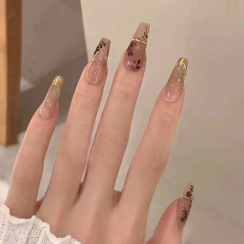 Elegant Affair Long Coffin Beige with Gold Floral Accents Press On Nail Set