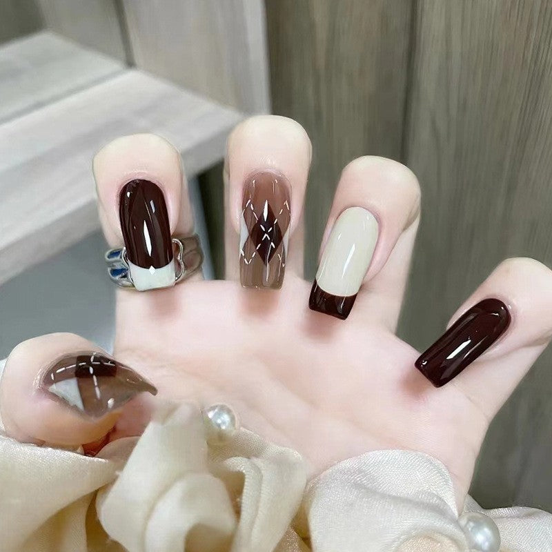 Modern Elegance Medium Square Espresso and Cream Geometric Press On Nail Set