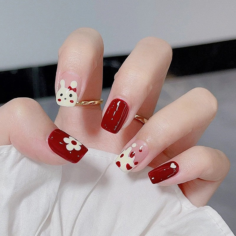 Valentines Day Medium Square Burgundy Press On Nail Set with White Floral and Heart Accents and Adorable Bunny Feature