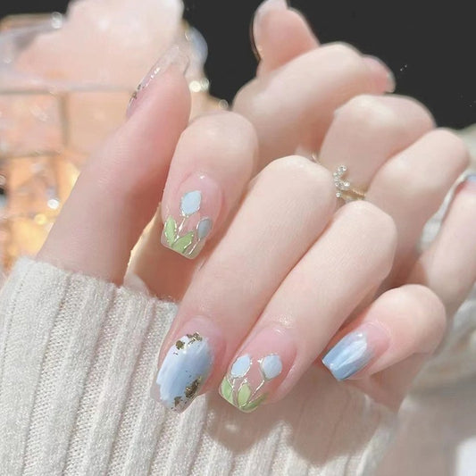 Two Lips Medium Coffin Blue Spring Press On Nails