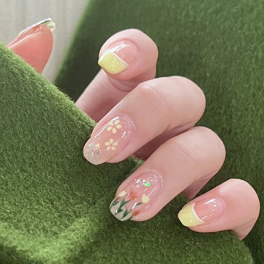 Make A Bouquet Short Coffin Yellow Spring Press On Nails