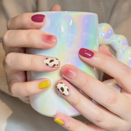 Middle School Short Squoval Multicolor Animal Pattern Press On Nails