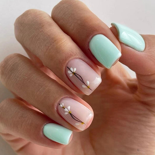 Spring Date Short Square Blue Floral Press On Nails