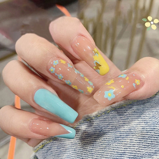 Spring Emotions Long Coffin Yellow Floral Press On Nails