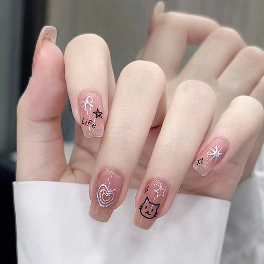 Kitty Kat Lover For Life Short Coffin Pink Jelly Press On Nails