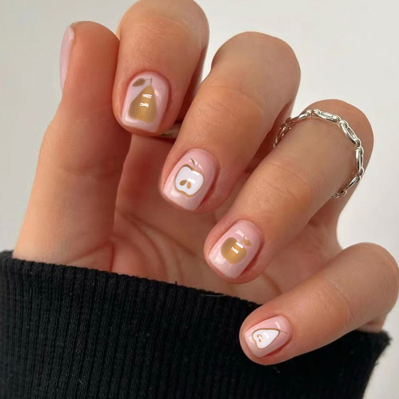 Apple And Pear Short Square Gold Fruits Press On Nails