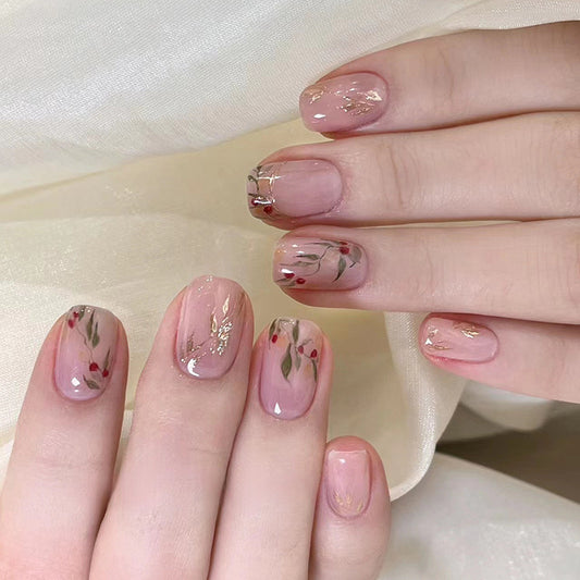 Botanical Bliss Short Squoval Natural Pink Press-On Nails with Hand-Painted Floral Art