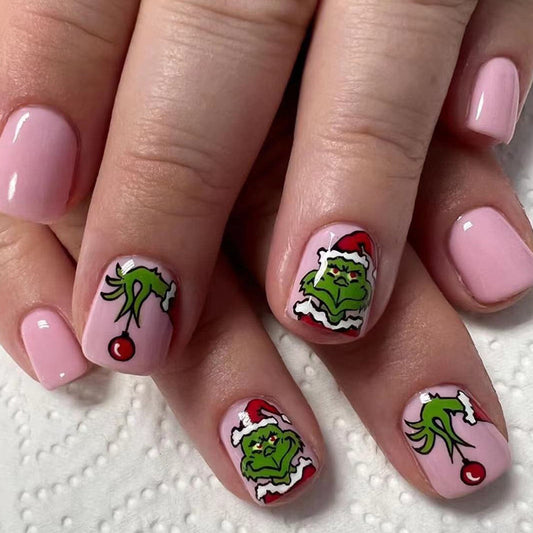 He Really Is A Mean one Short Round Green Holiday Press On Nails