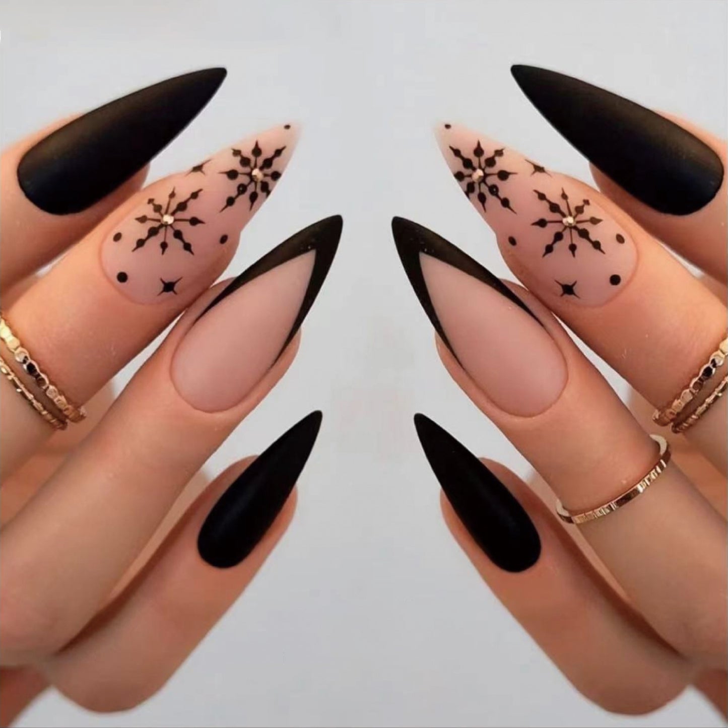 Dark Snowflake Medium Stiletto Black Winter Press On Nails