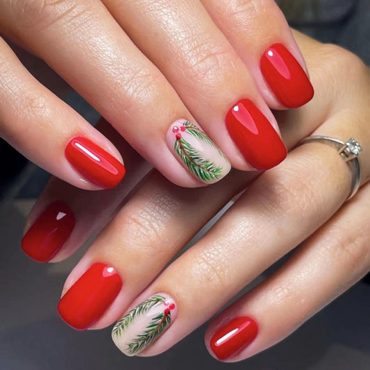 Mistletoes Short Square Red Holiday Press On Nails