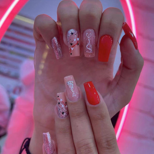 The Sparkly Tree Long Coffin Pink Holiday Press On Nails