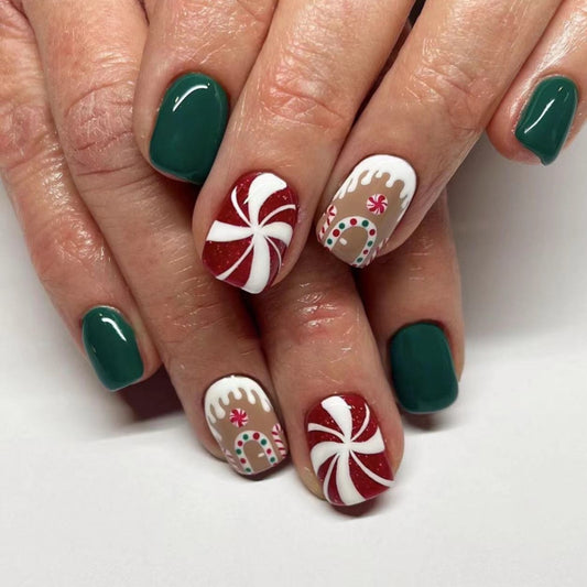 Gingerbread House Door Medium Square Green Holiday Press On Nails