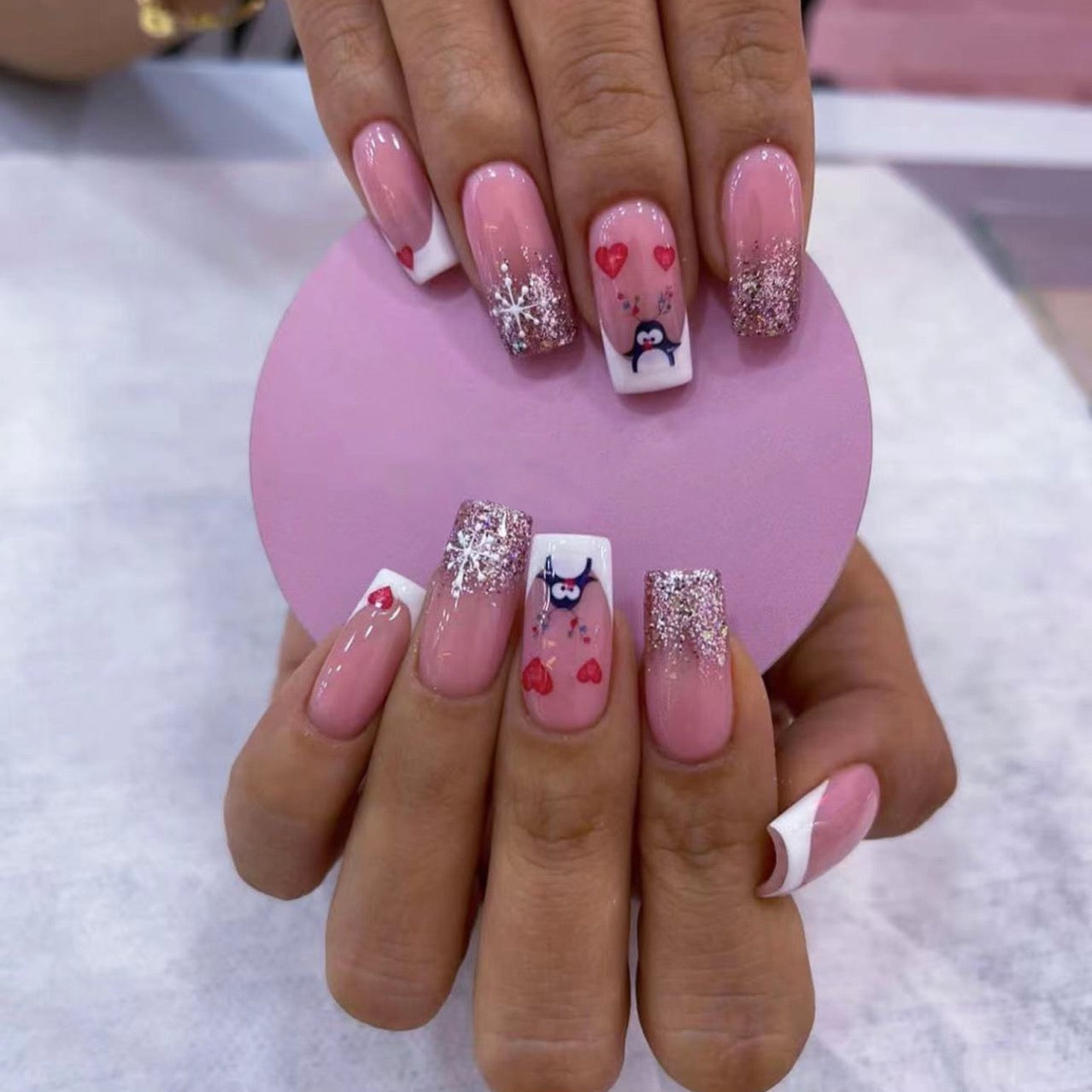 Penguin In Love Long Coffin Pink Winter Press On Nails