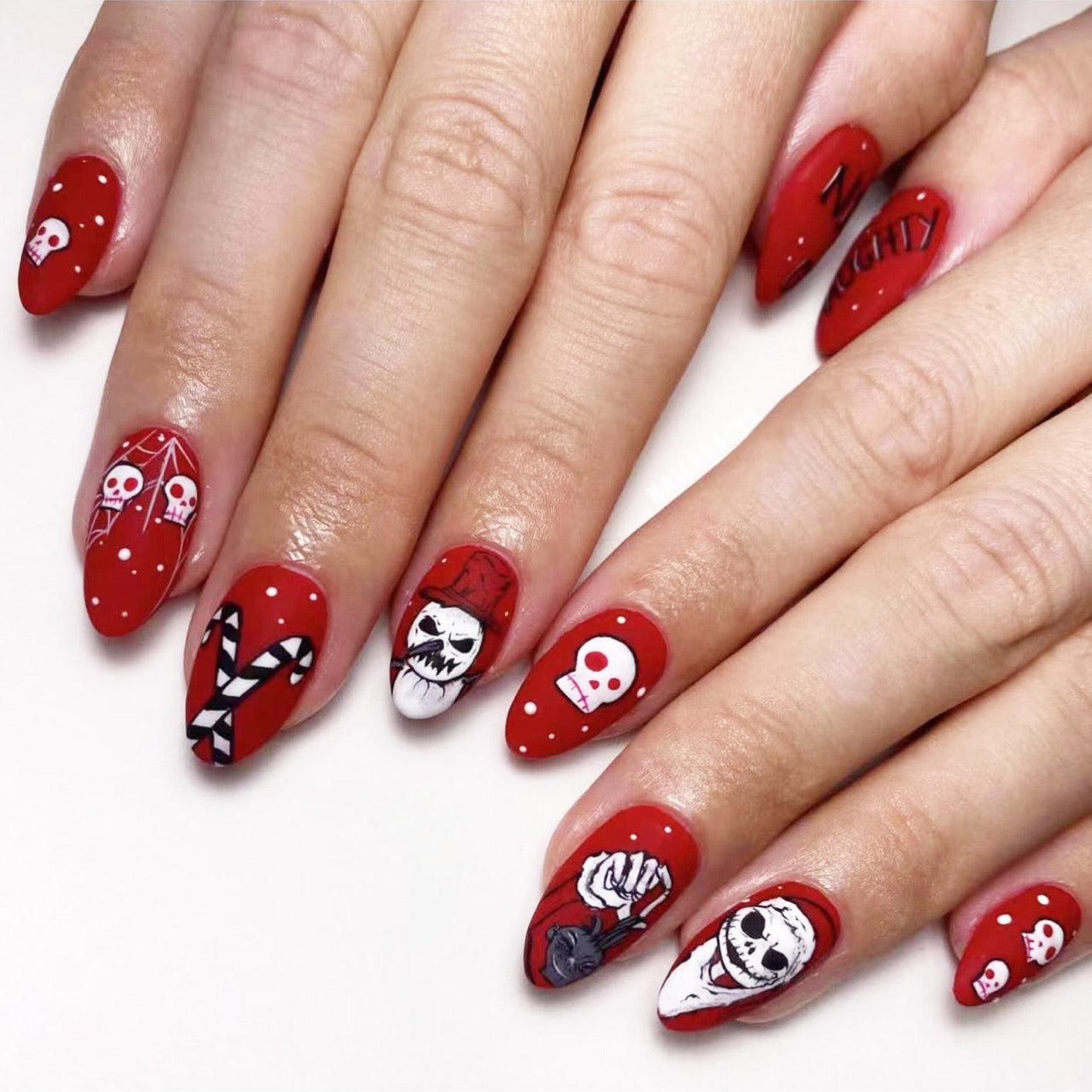 Skull Santa Medium Almond Red Holiday Press On Nails