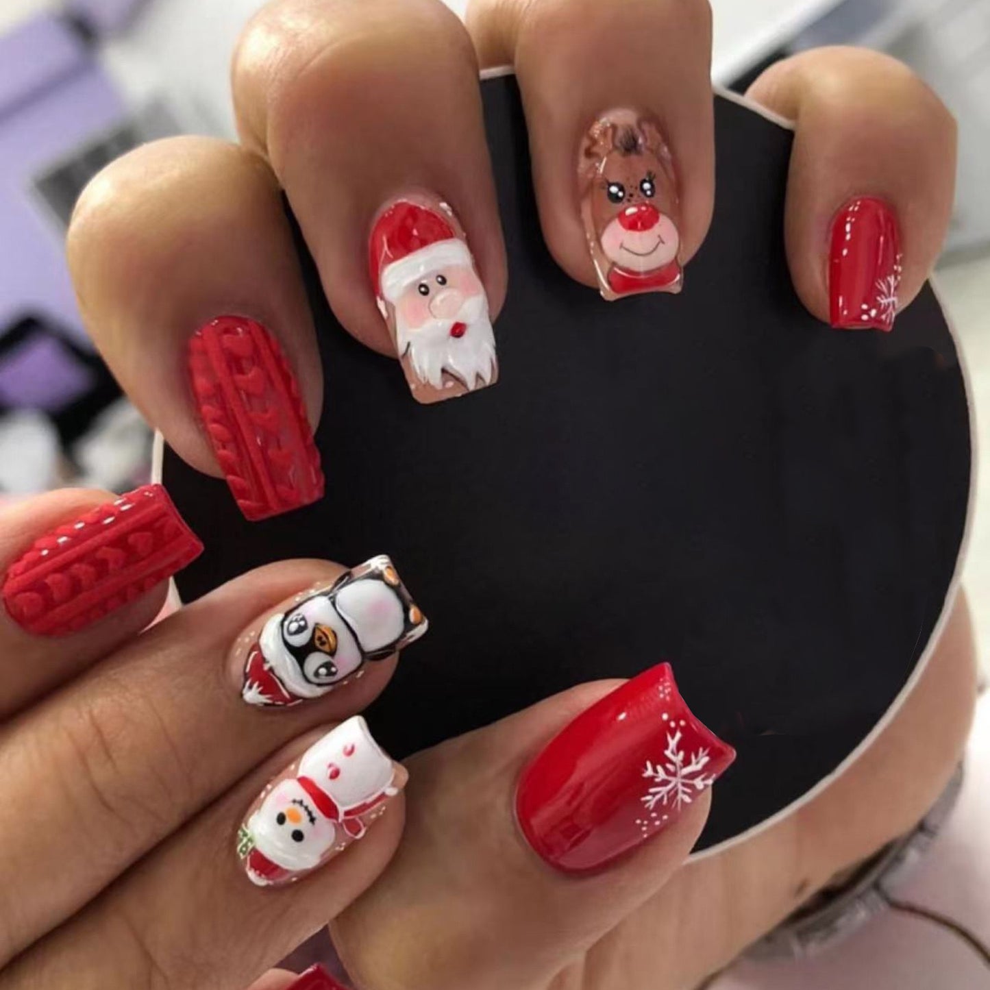 Santa And Friends Sweater Medium Square Red Holiday Press On Nails