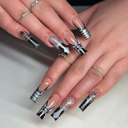 Talk About It Longer Long Square Silver Bold Press On Nails