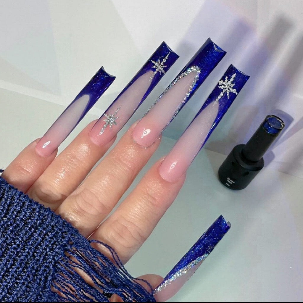 The Snow Queen Reigns Long Coffin Blue Winter Press On Nails