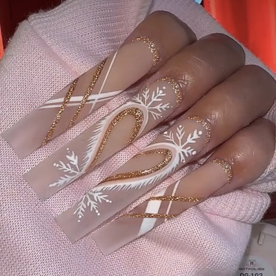 Snow Slay Long Square White Winter Press On Nails