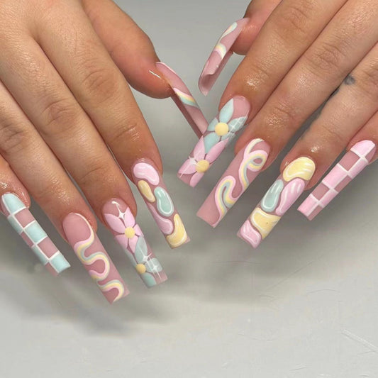 Prepped To Dance Long Coffin Multicolor Groovy Press On Nails