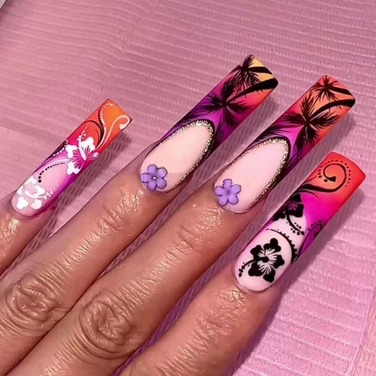 On Island Time Long Square Pink Vacation Press On Nails