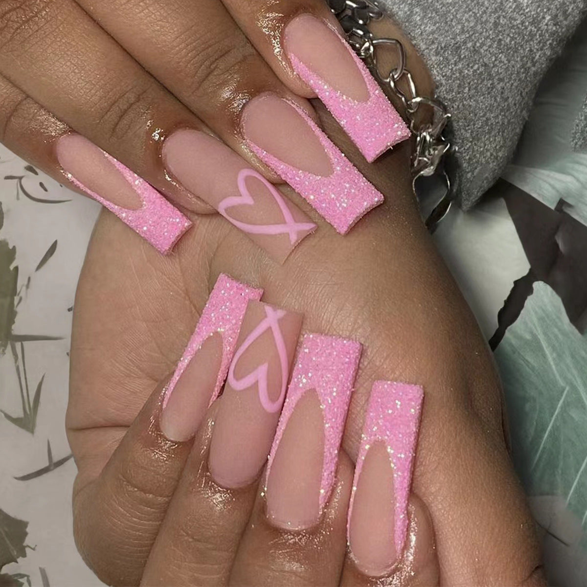 Dare To Mess With Long Square Pink Glitter Press On Nails