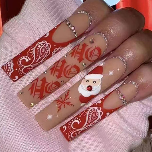 Ho Ho Ho Santa Has Arrived Long Square Red Holiday Press On Nails