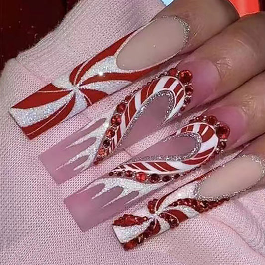 Candy Cane Heart Love Long Square Red Holiday Press On Nails