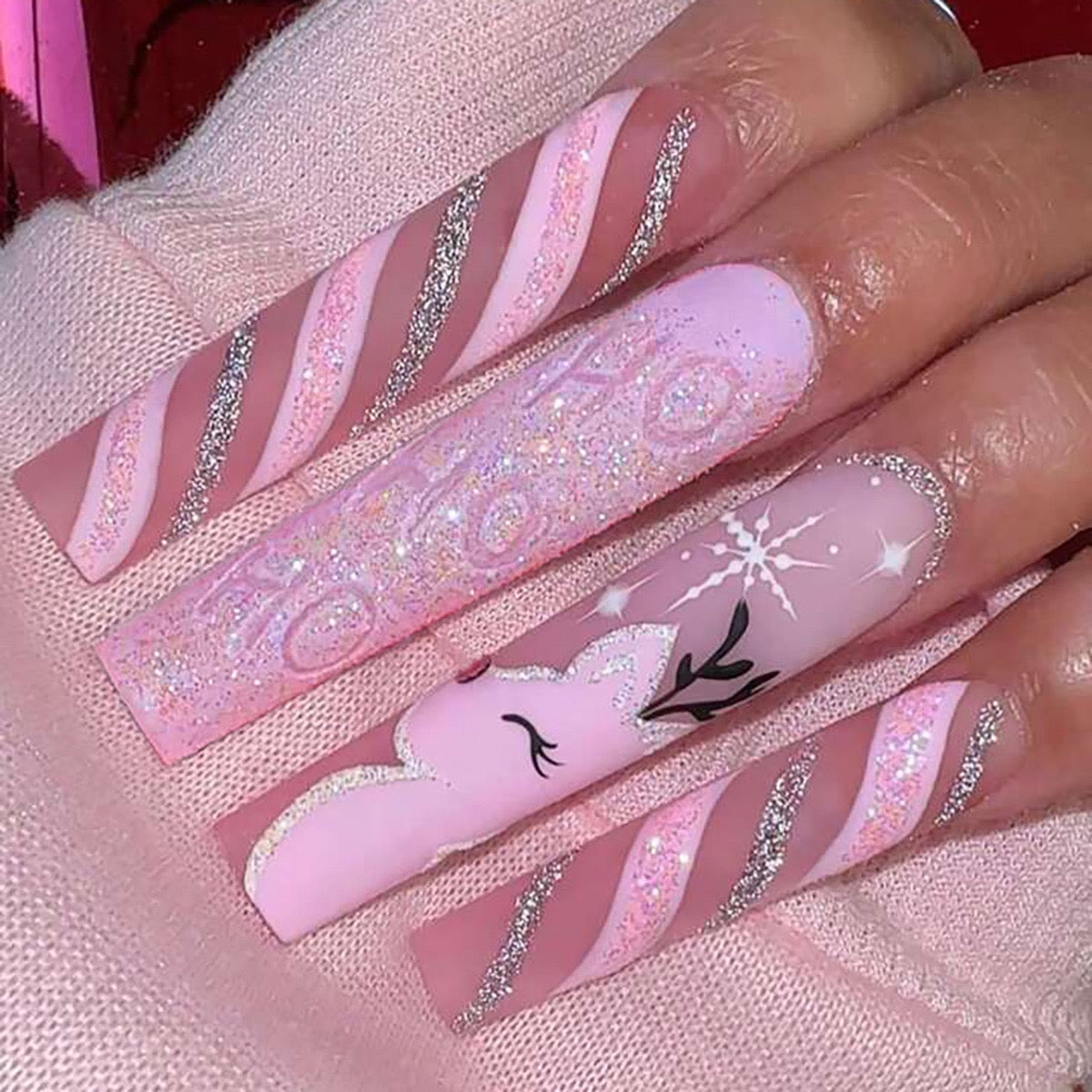 Glittery Reindeer Long Coffin Pink Holiday Press On Nails