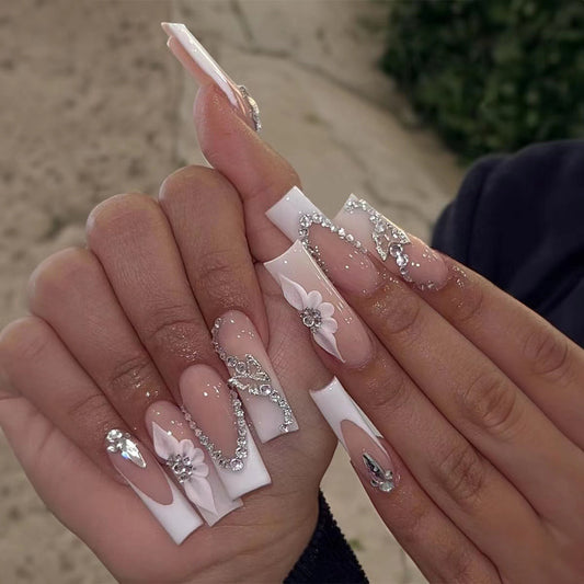 Beach Island Party Long Coffin White Floral Press On Nails