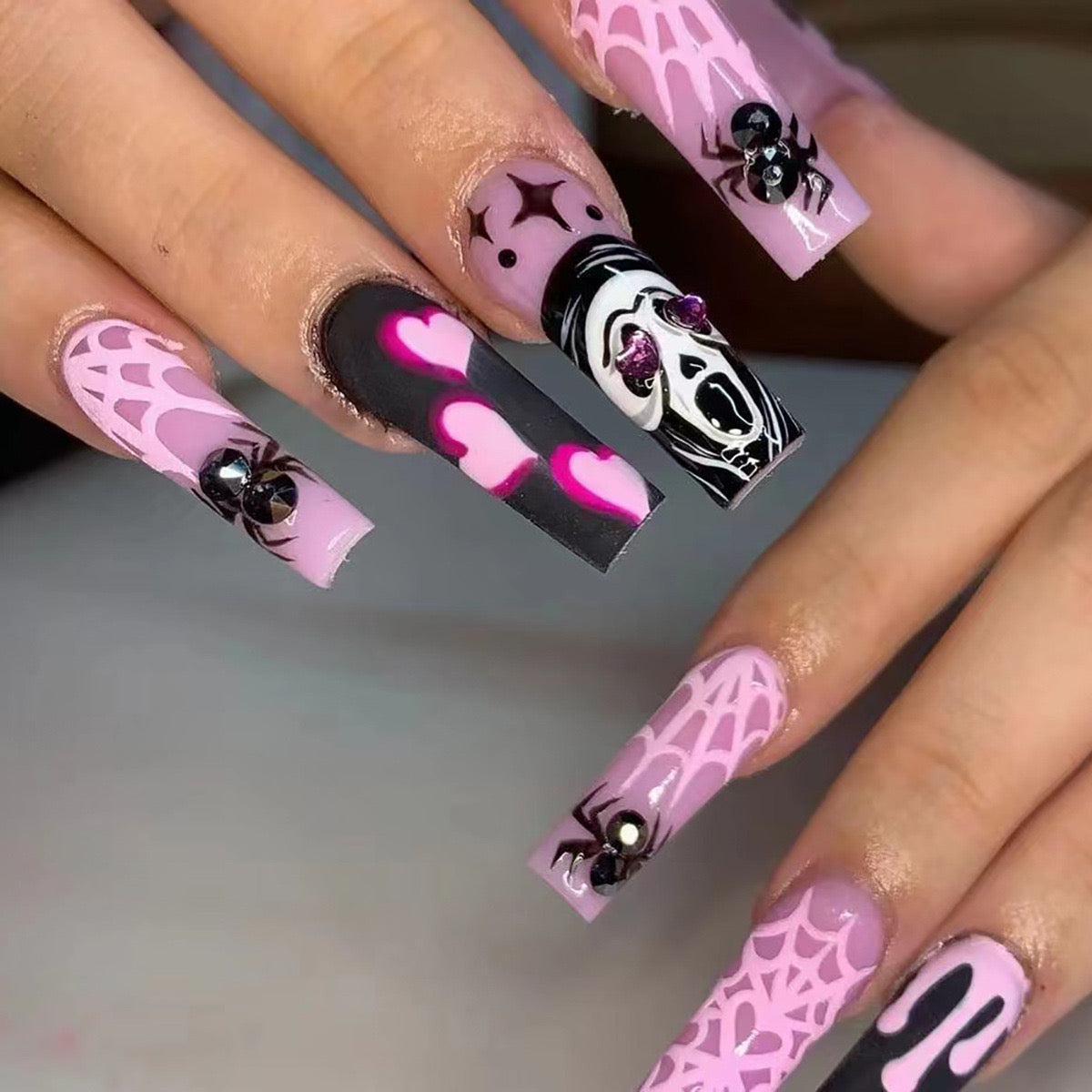 Scream Spiders Long Coffin Pink Halloween Press On Nails