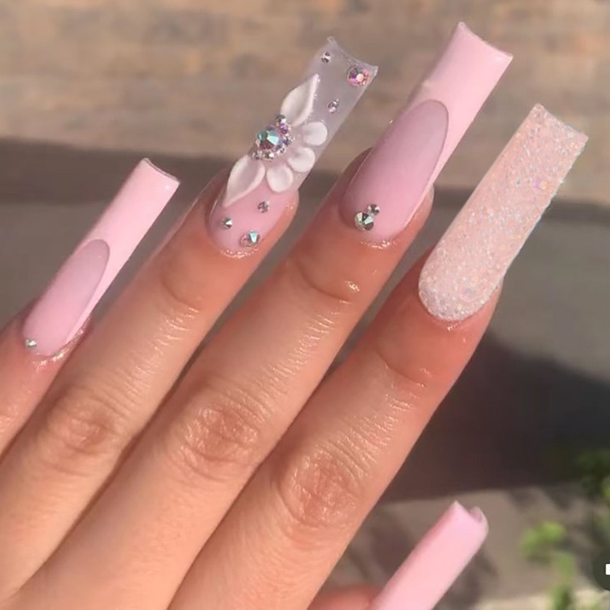 Spring Blossom Extra-Long Coffin Baby Pink Press-On Nails with 3D Floral Art and Glitter Accents